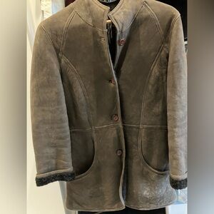 Suede shearling brown coat jacket sheepskin Pasha & Jo Small fur collar